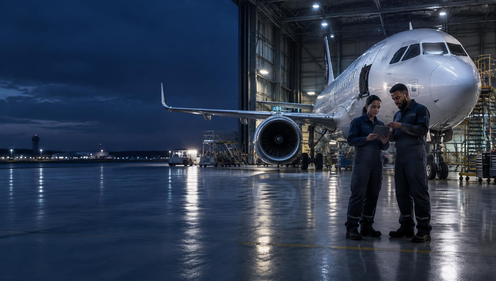 Aviation engineers reviewing aircraft maintenance inside a hangar